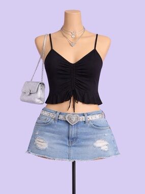 Wild Fable Black Ruched Tie Front Crop Tank Top XS Y2K Ruffle Hem Casual Summer